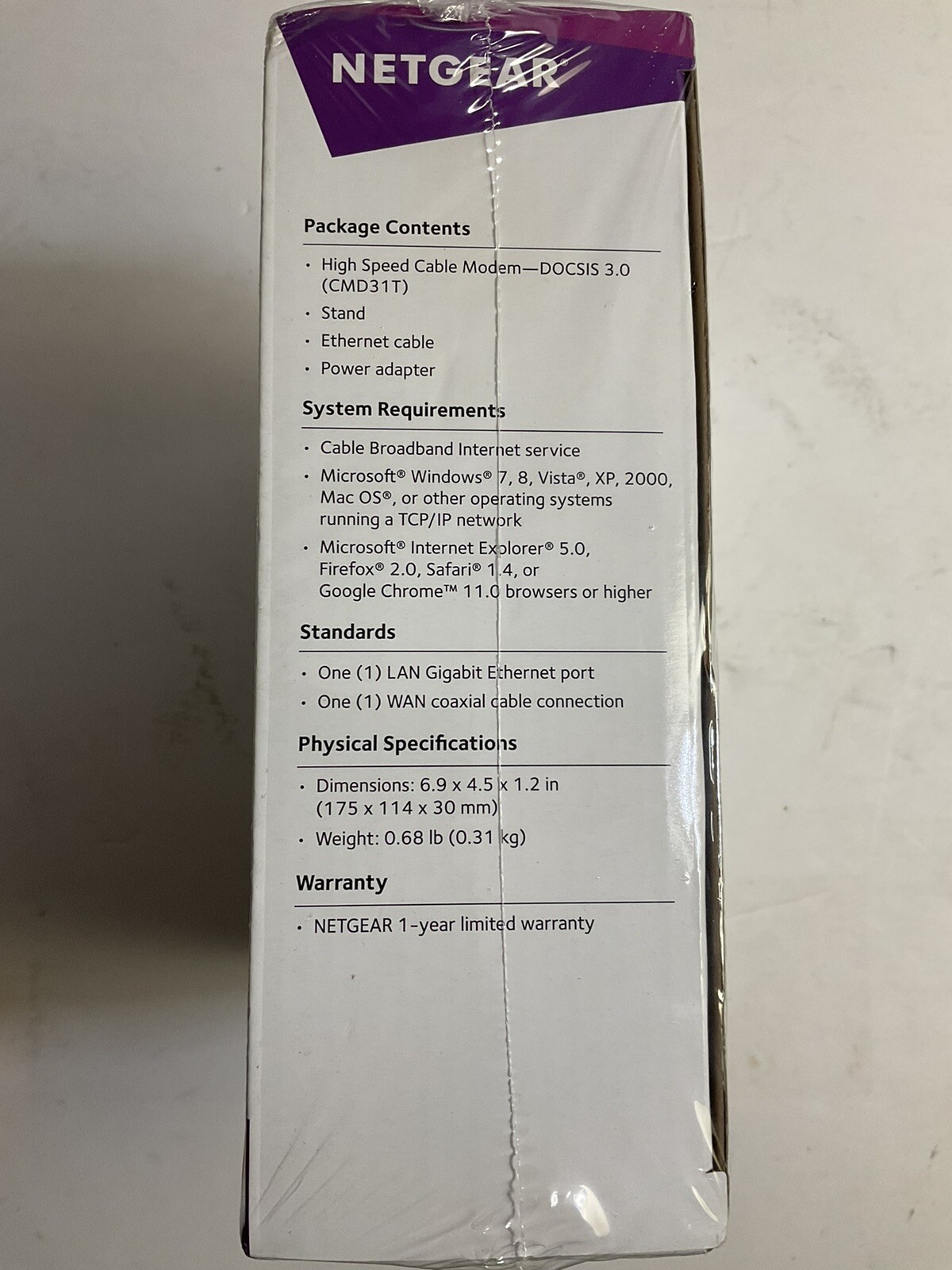 NETGEAR DOCSIS 3.0 HIGH SPEED CABLE MODEM MODEL # CMD 31 T COMCAST SEALD BOX