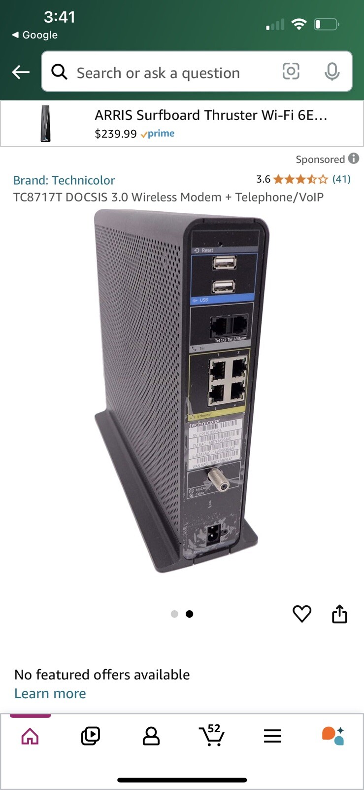 OEM Technicolor Internet Cable Modem Model TC8715D, No Power Cord
