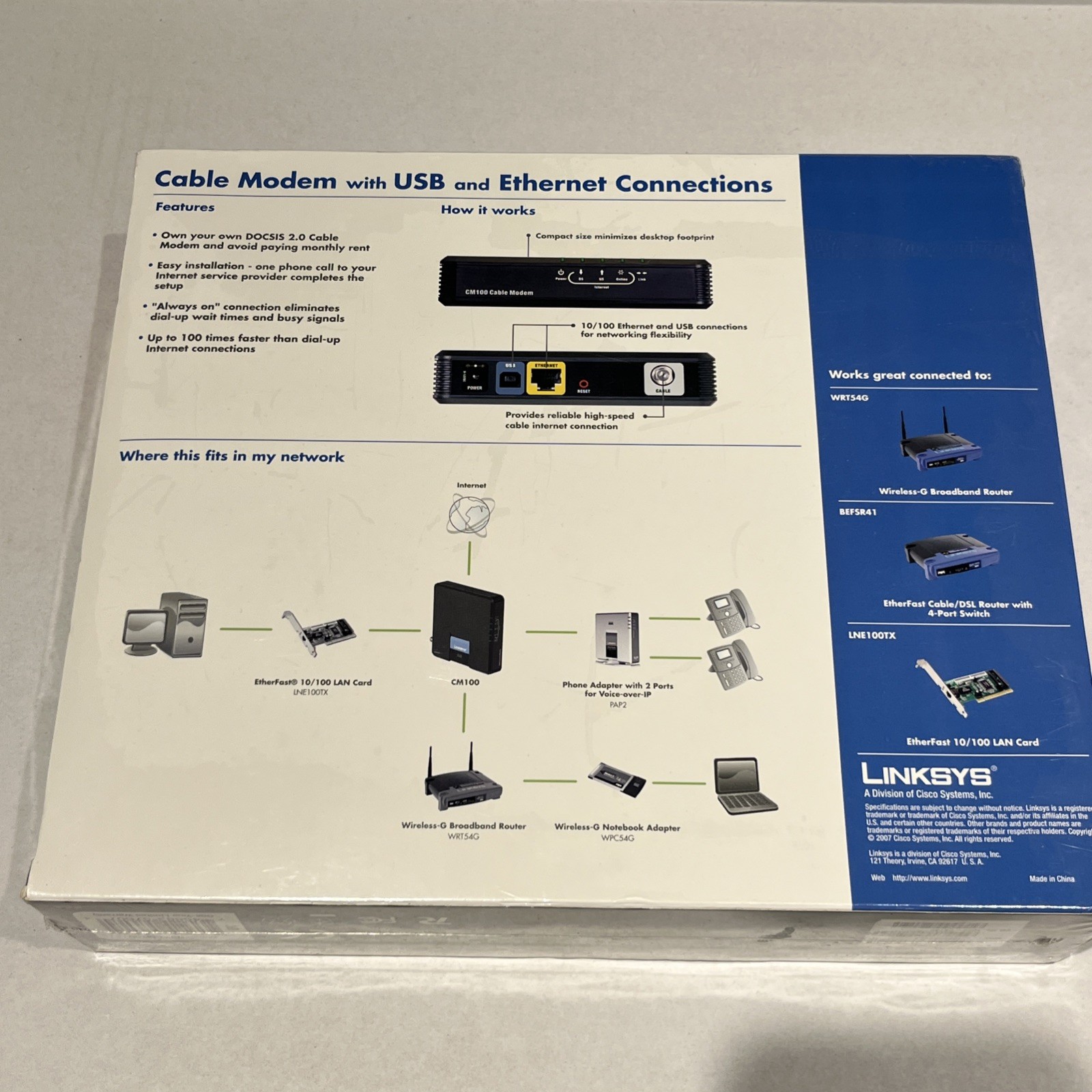 Linksys CM100 100 Mbps Cable Modem with usb and Ethernet connections