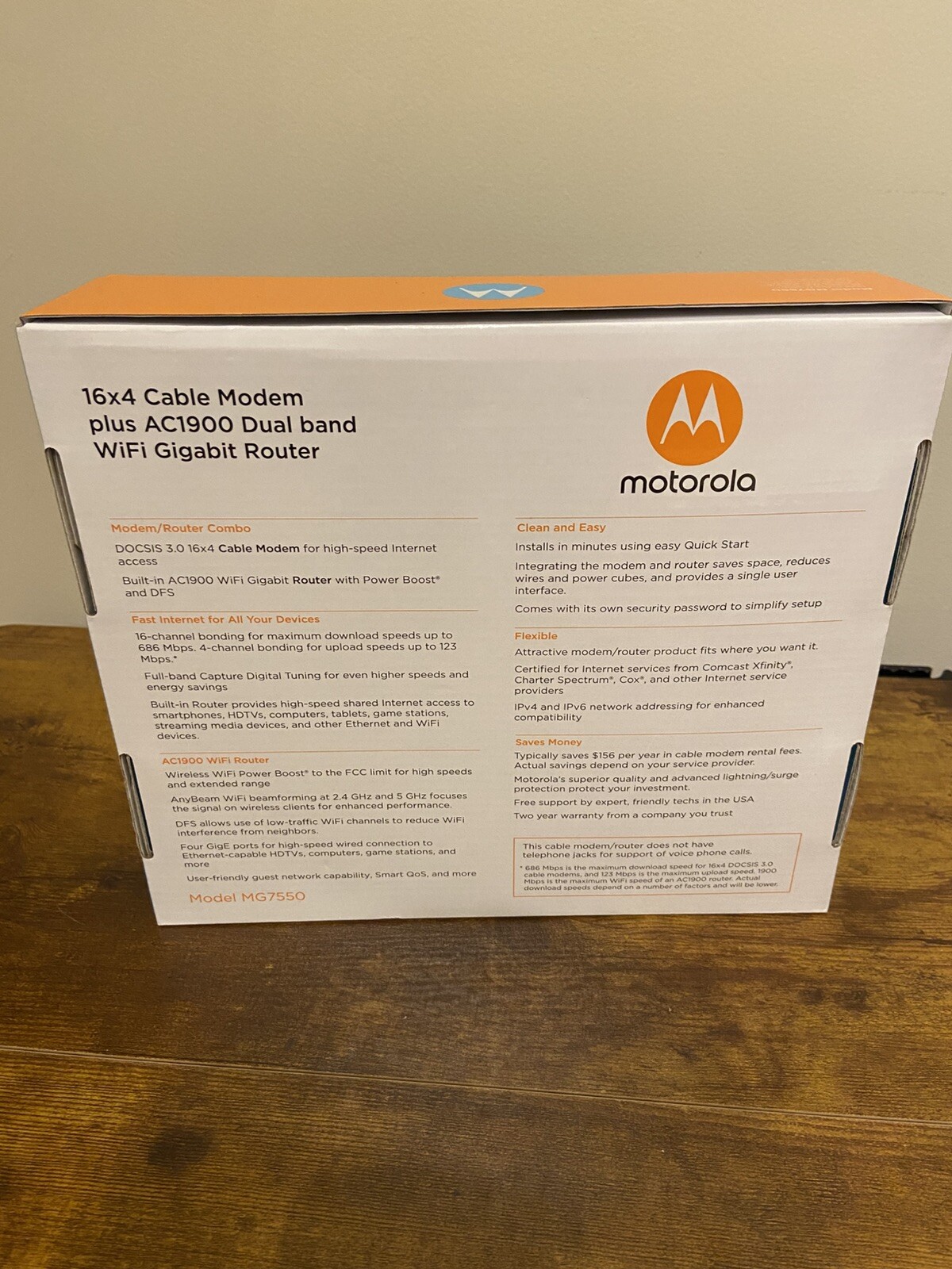 Motorola MG7550 16X4 Cable Modem & AC1900 WiFi Router Combo with Power Cord