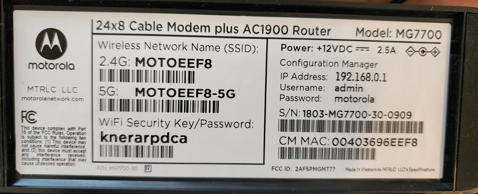 Motorola MG7700 24×8 Cable Modem & AC1900 WiFi Router DOCSIS 3.0 W/ manual