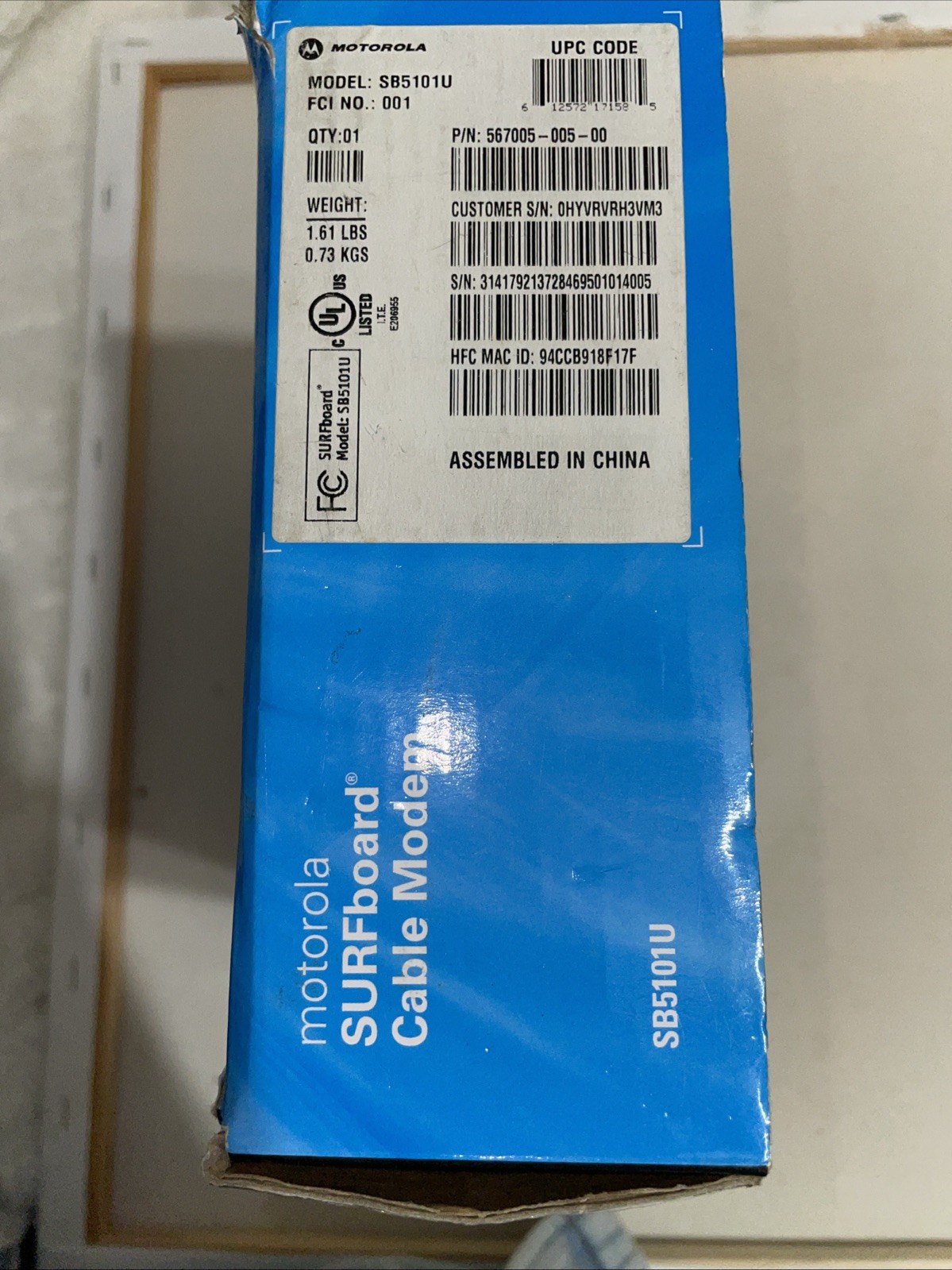 Motorola SB5101U Surfboard Cable Modem with Power Supply Preowned Tested Working