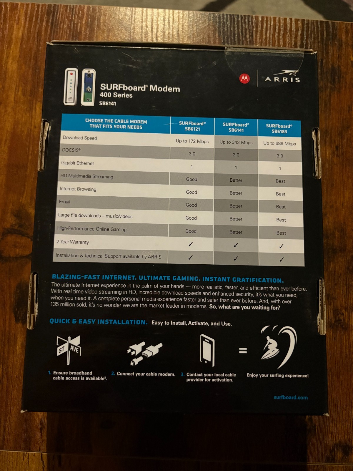 Motorola Arris SURFboard Modem 400 Series SB6141 343 Mbps DOCSIS 3.0 Ethernet
