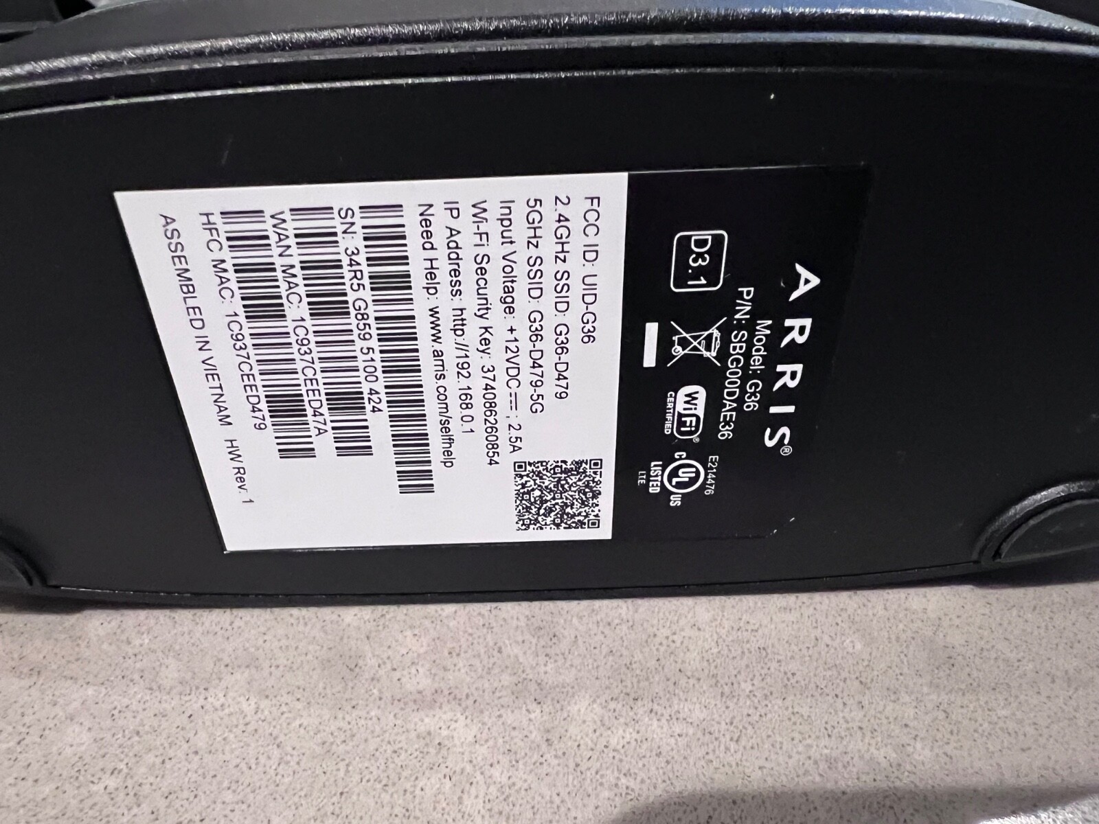 As-is ARRIS (G36) – Cable Modem Router -DOCSIS 3.1 Multi-Gigabit WiFi 6