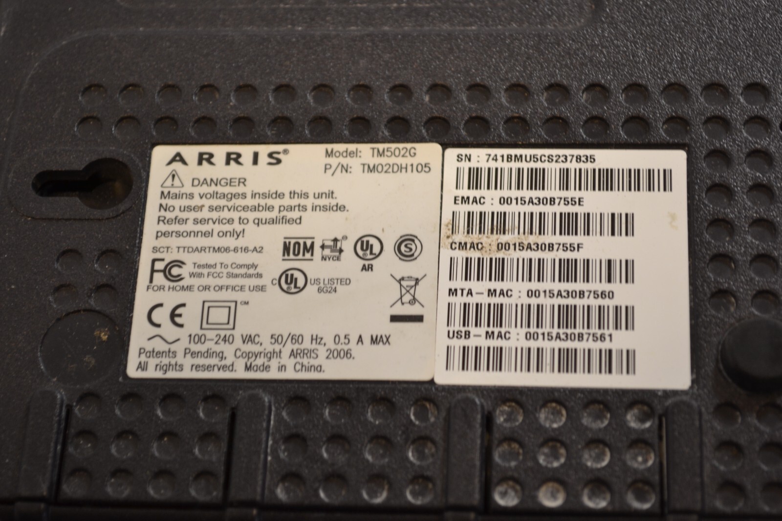 Arris Model TM502G Wireless Telephony Modem – Black TM02DH105 – no cord