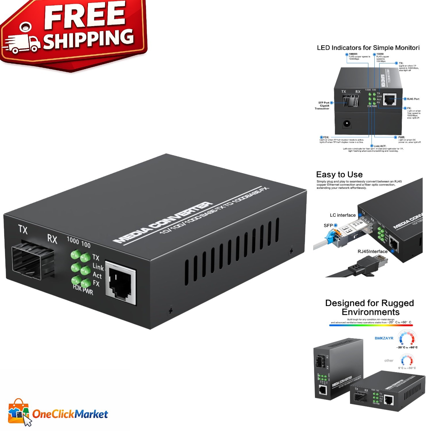 Plug and Play 1.25G Fiber to Ethernet Converter – Long Range with Metal Casing