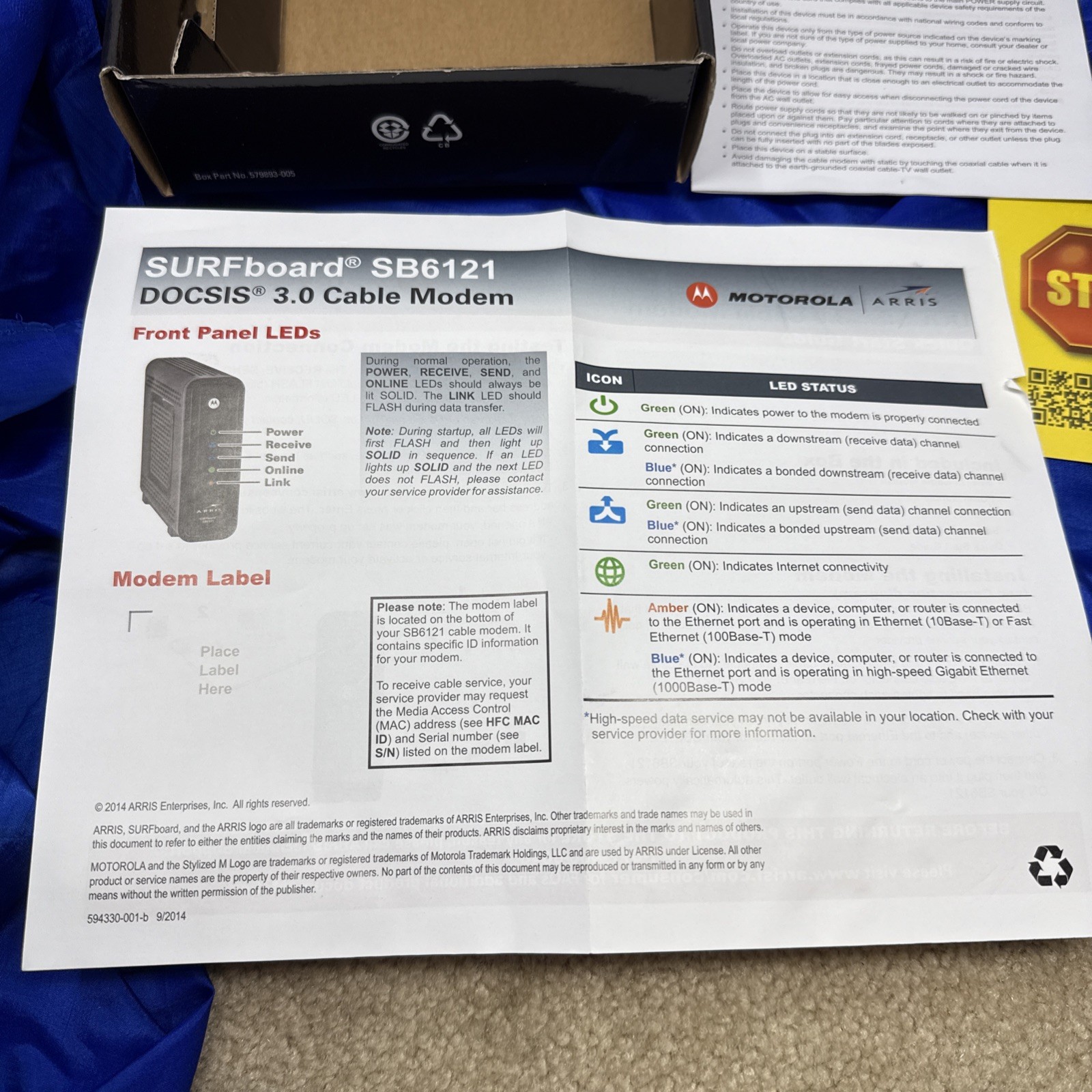 Motorola ARRIS SURFboard SB6121 4×4 DOCSIS 3.0 Cable Modem With Power Adapter