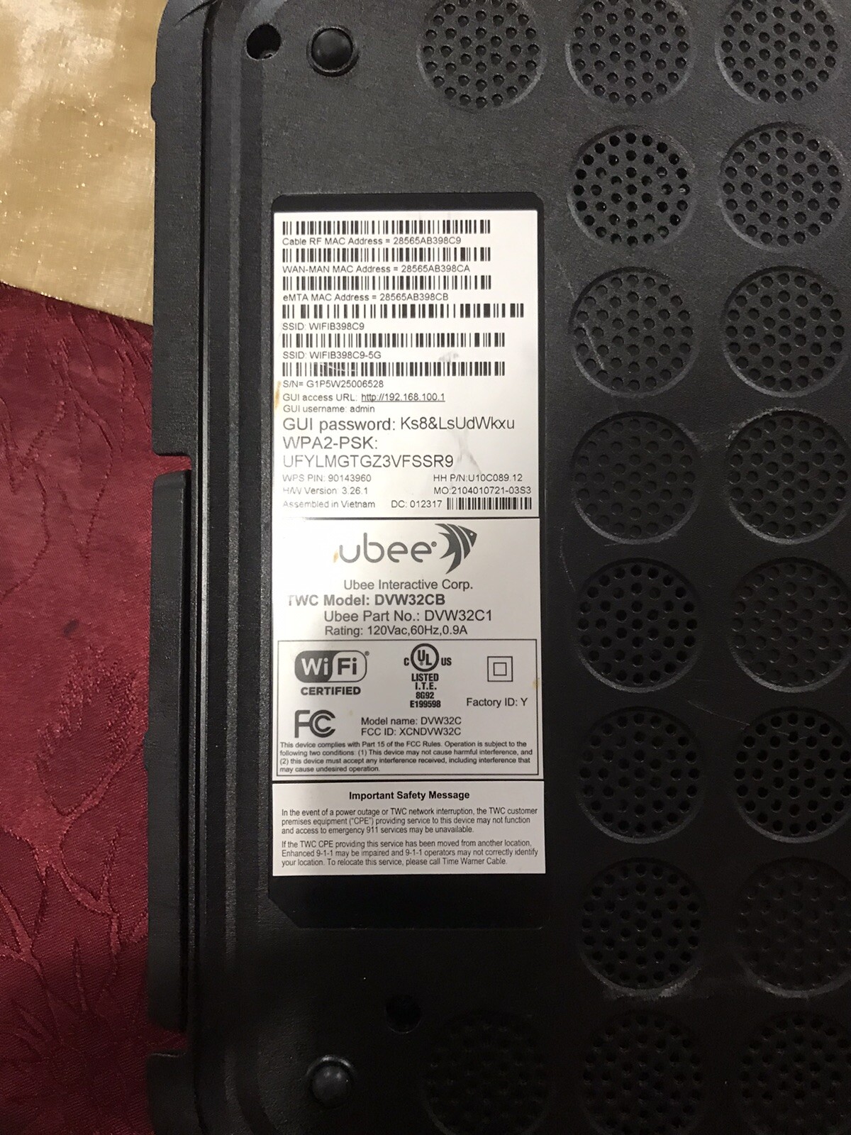Ubee | DVW32CB | Advanced Wireless Voice Gateway Modem & Router W/O Power Adapt