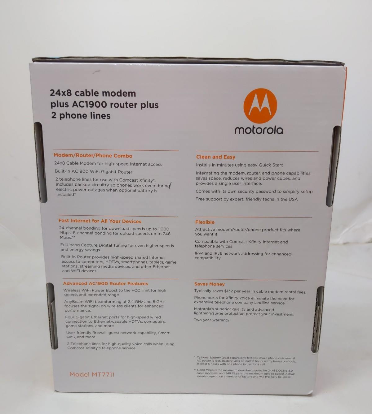 MOTOROLA MT7711 24X8 Cable Modem/Router 2 Phone Ports DOCSIS 3.0 Comcast XFINITY