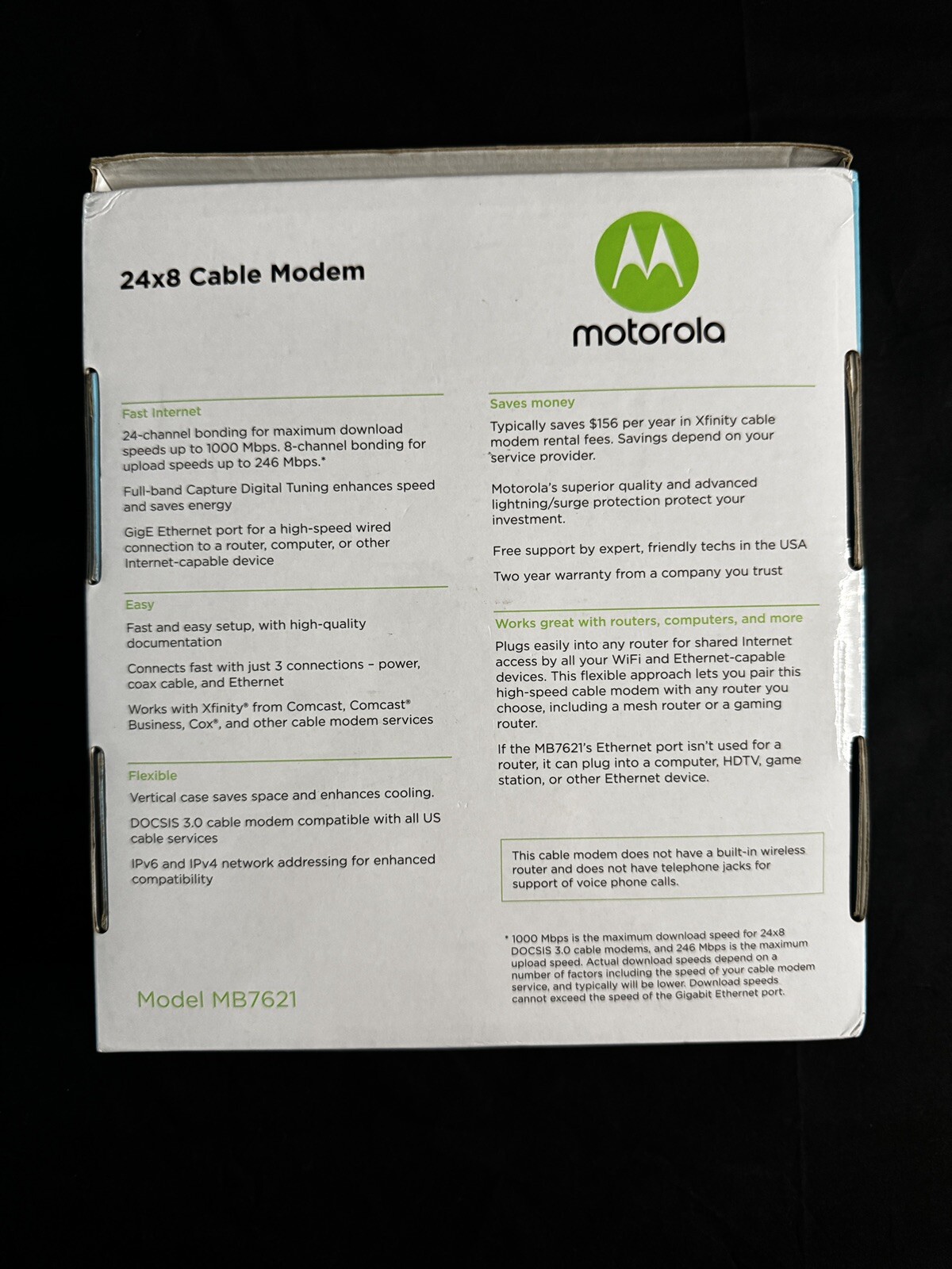 Motorola 24×8 Cable Modem MB7621 DOCSIS 3.0 1000+ mbps New Open Box – See Pics