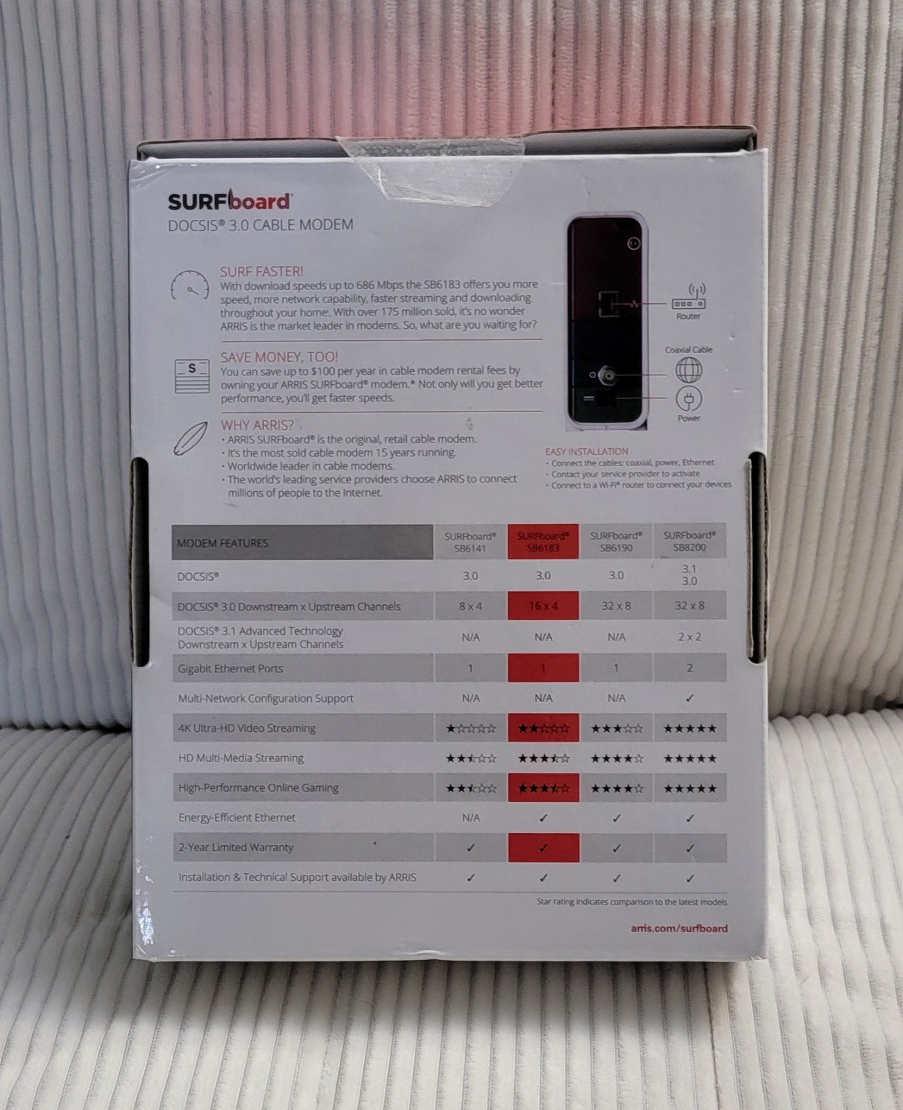 ARRIS SB6183 686 Mbps Cable Modem, White – 59243200300 Open Box