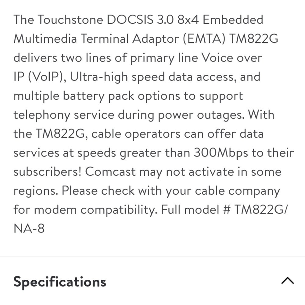 Arris TM822G Cable Modem Plus Voice/Telephone Over Cable Box – Battery Backup