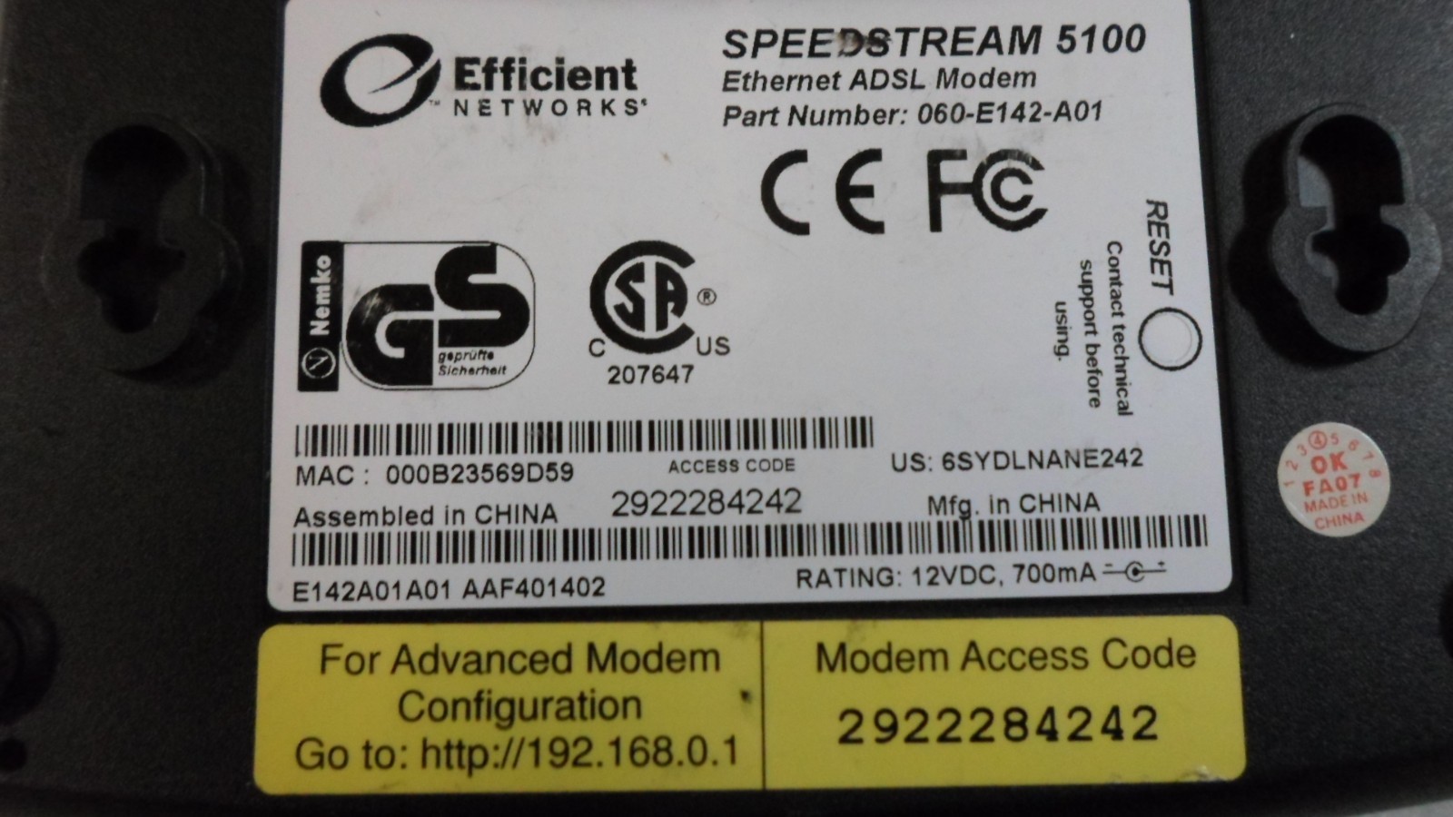 Efficient Networks SpeedStream 5100 060-E142-A01 060-E141-A01 ADSL Modem w/ AC