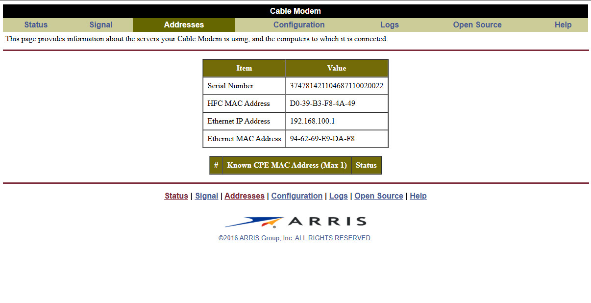 ARRIS / Motorola SurfBoard SB6141 DOCSIS 3.0 Cable Modem