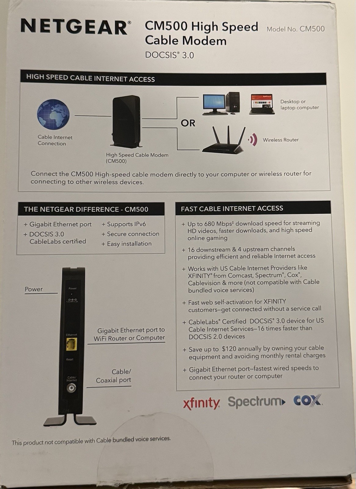 NETGEAR CM500 High Speed Cable Modem DOCSIS 3.0 Up To 680Mbps 16×4 Channel