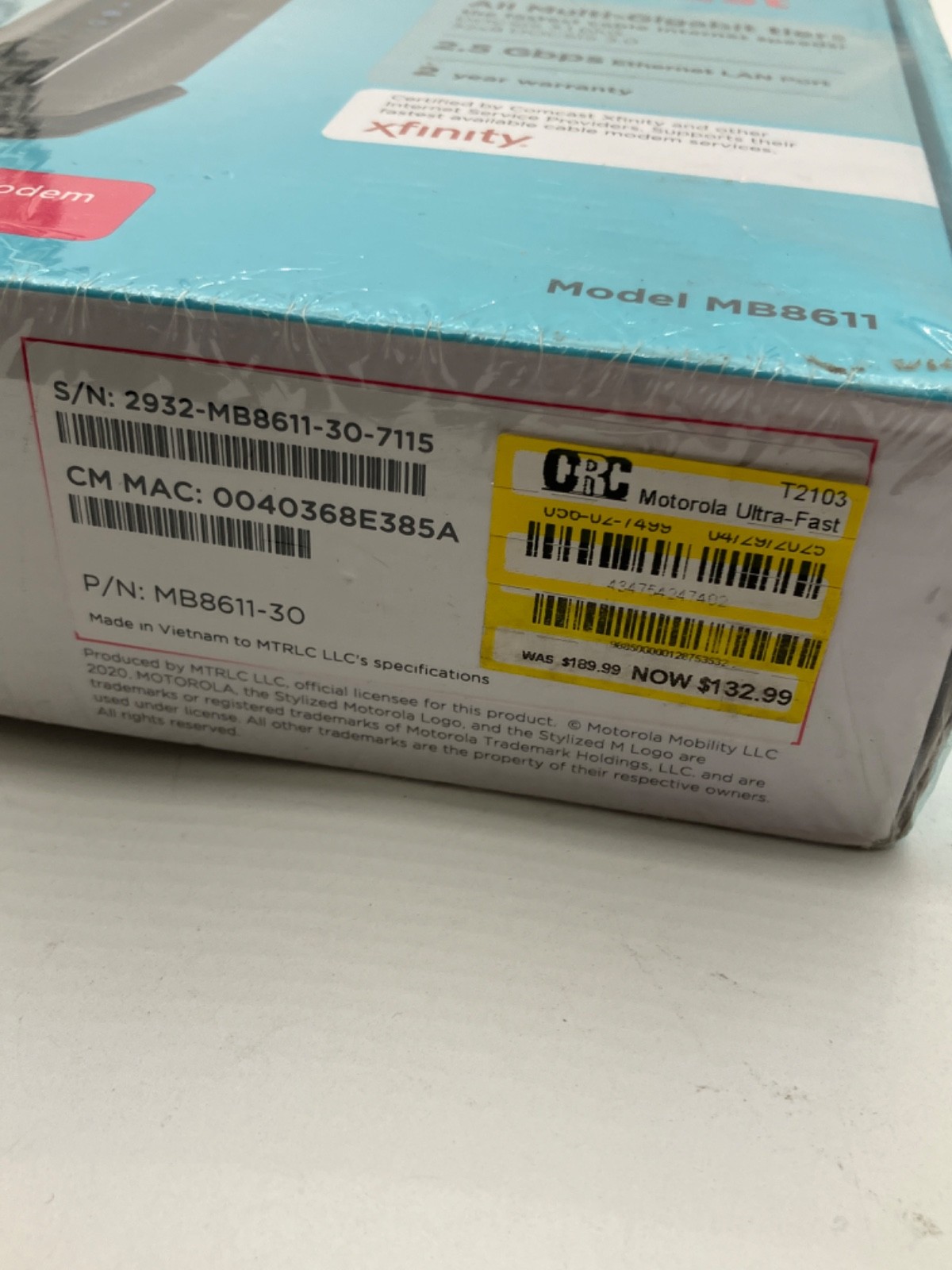 Motorola MB8611 DOCSIS 3.1 Cable Modem 2.5 Gbps Ethernet Lan Port