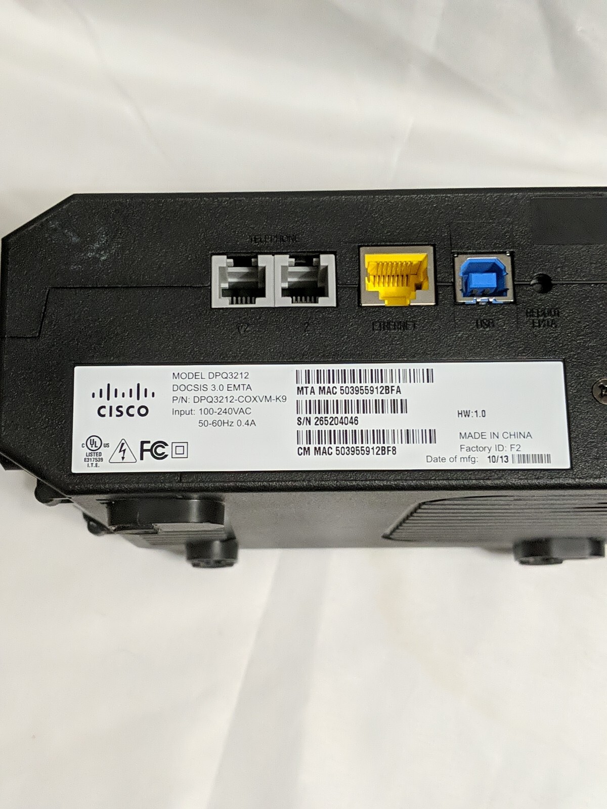Modem- Cisco DPQ3212 Internet Cable Modem DOCSIS 3.0 EMTA