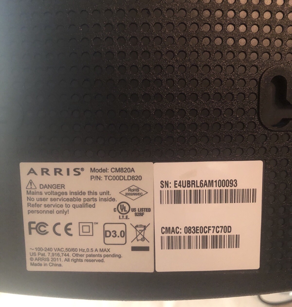 Arris CM820A DOCSIS 3.0 Cable Modem CM820 TC00DLD820