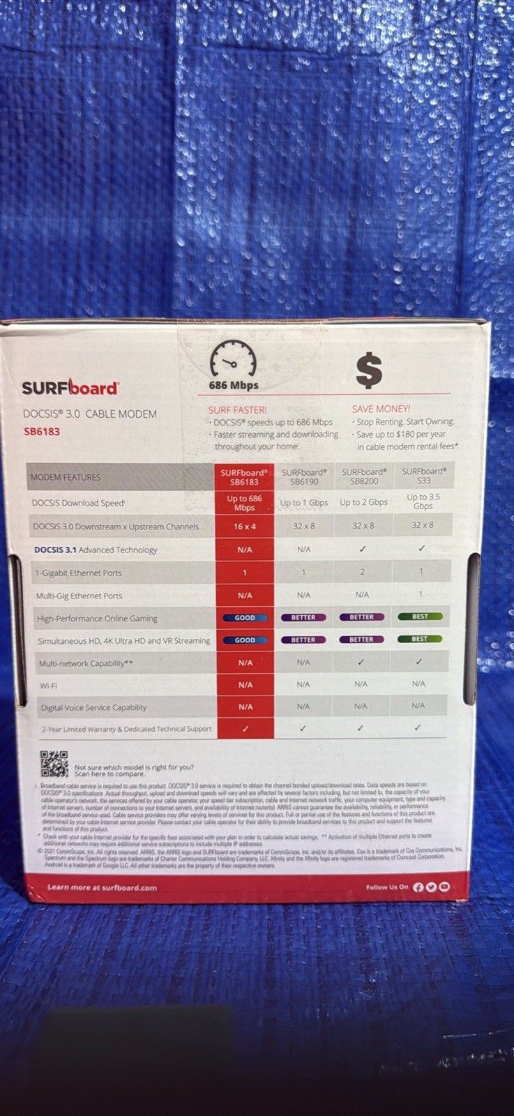 ARRIS SURFboard SB6183 DOCSIS 3.0 16×4 Gigabit Cable Modem, 686 Mbps NEW