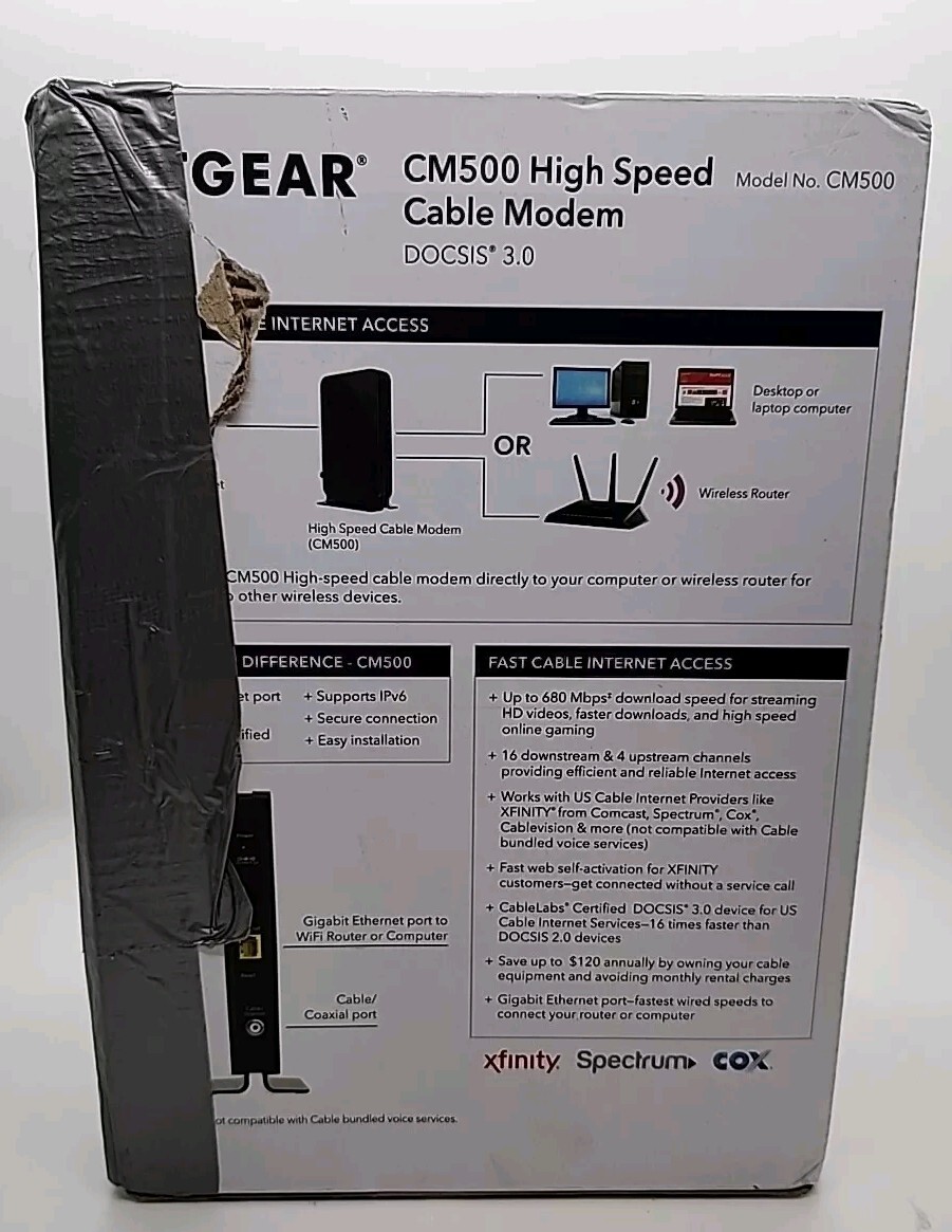 NETGEAR CM500-1AZNAS 16×4 DOCSIS 3.0 Cable Modem Max Download Speeds of 680 Mbps