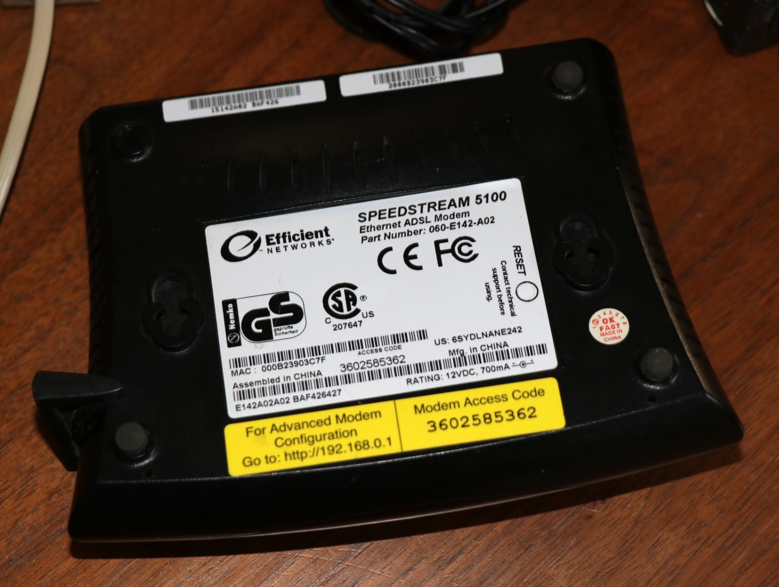 Speedstream 5100 Ethernet ADSL Modem Efficient Networks w/ 12 Volt 700 mA power