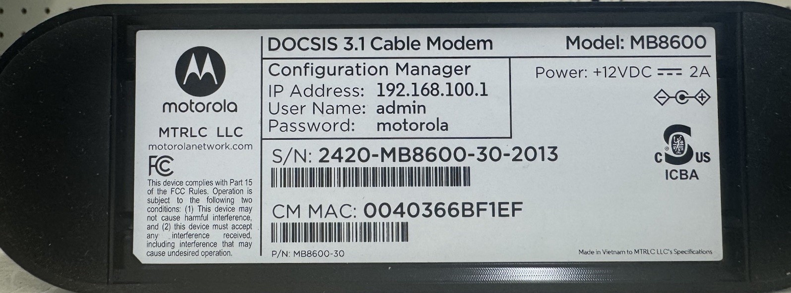 Motorola MB8600 DOCSIS 3.1 Cable – Black .A10