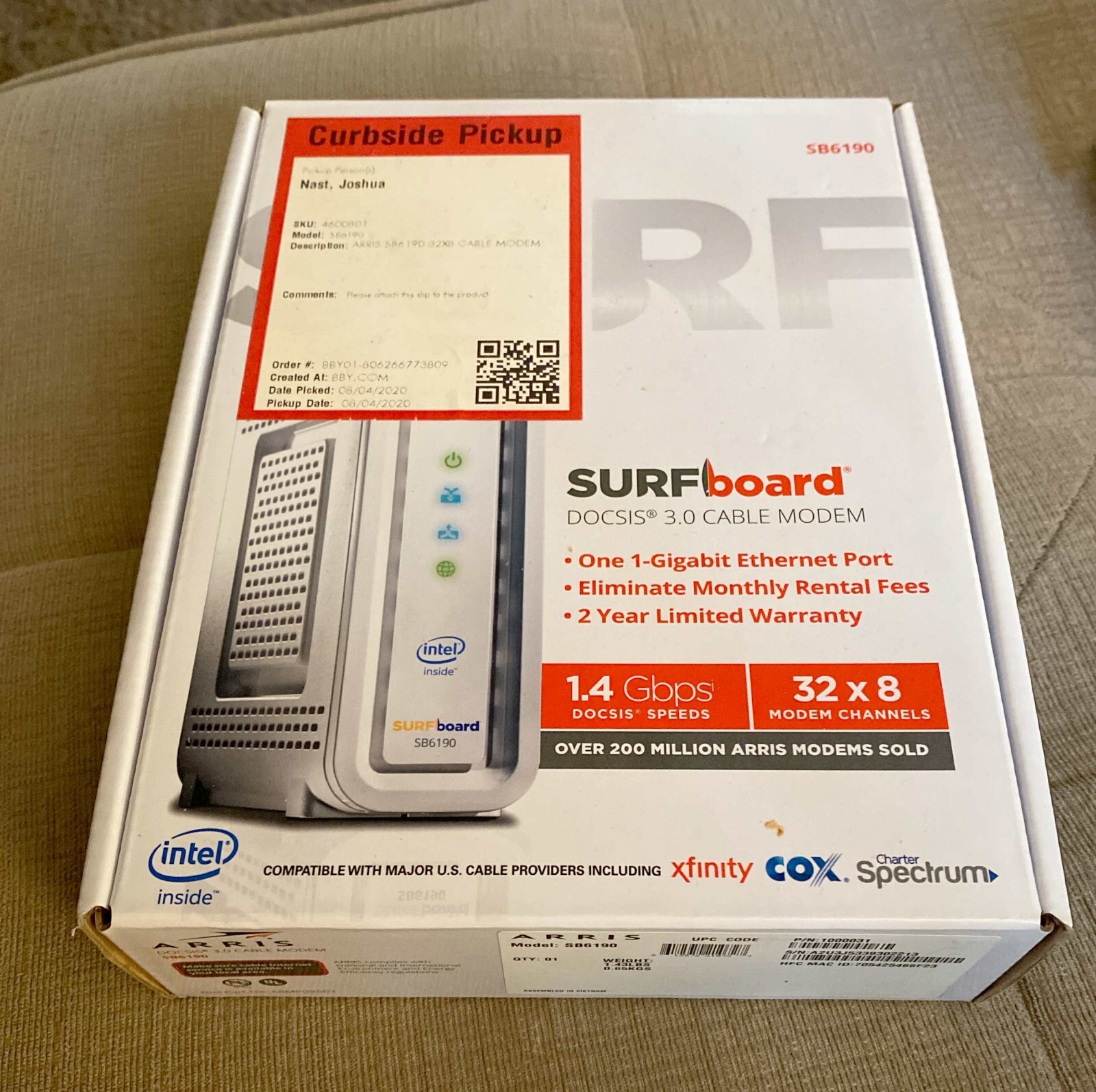 ARRIS Surfboard SB6190 – 32×8 Docsis 3.0 Cable Modem – Black P (Never Used)