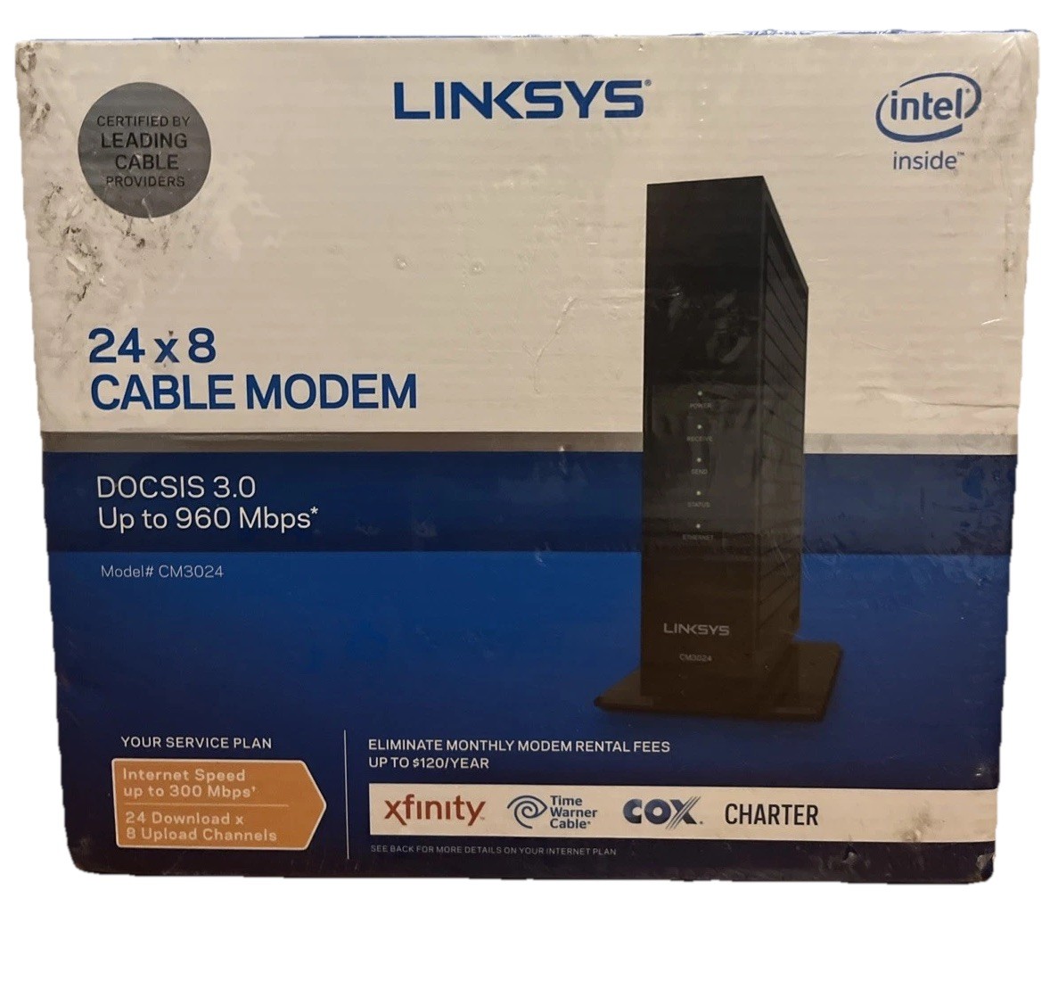 Linksys 24×8 Cable Modem CM3024 Intel Inside 960 Mbps Bonus Coax Cable NEW