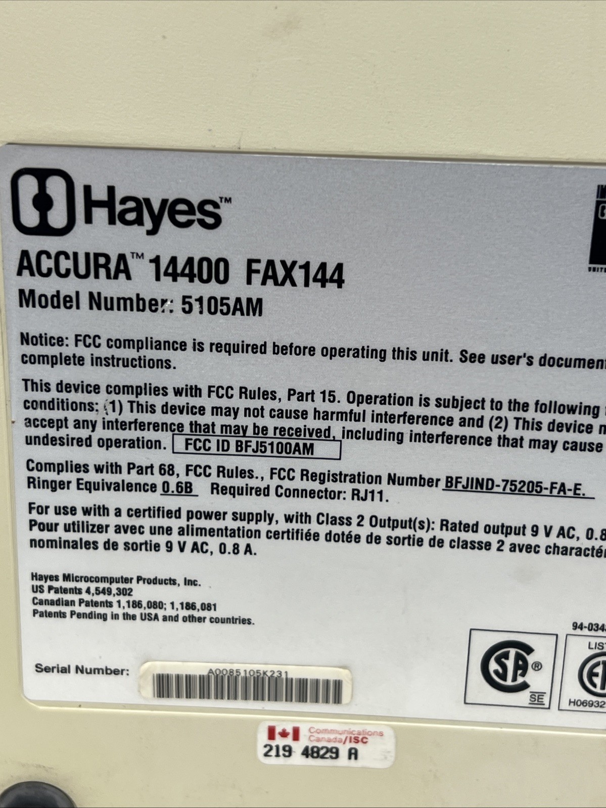 Hayes Accura 14400 144 Fax Modem 5105AM Untested