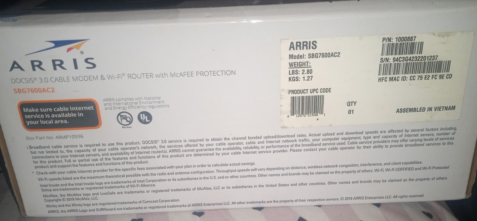 ARRIS Surfboard SBG7600AC2 Cable Modem & Wi-fi Router With Free McAfee