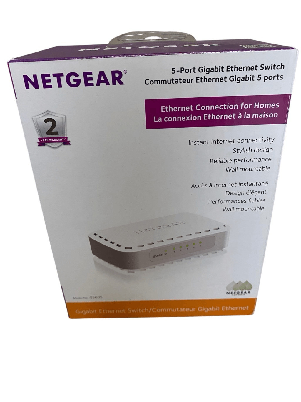 Netgear GS605 5 Port Gigabit Ethernet Switch With Power Adapter Ethernet Cord