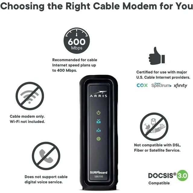Arris Surfboard Docsis 3.0 Cable Modem SB6190 Cox SPECTRUM Comcast XFINITY BLACK