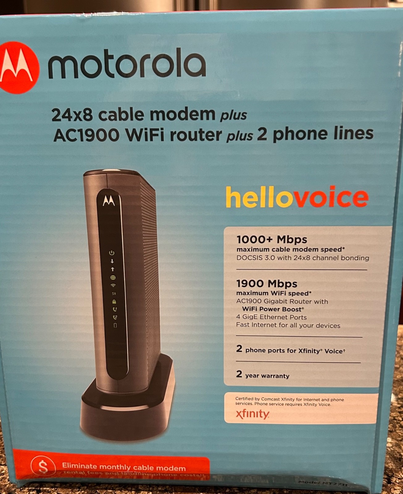 Motorola Cable Modem Wi-Fi Gigabit Router Model No. MT7711-AC1900-Power Boost