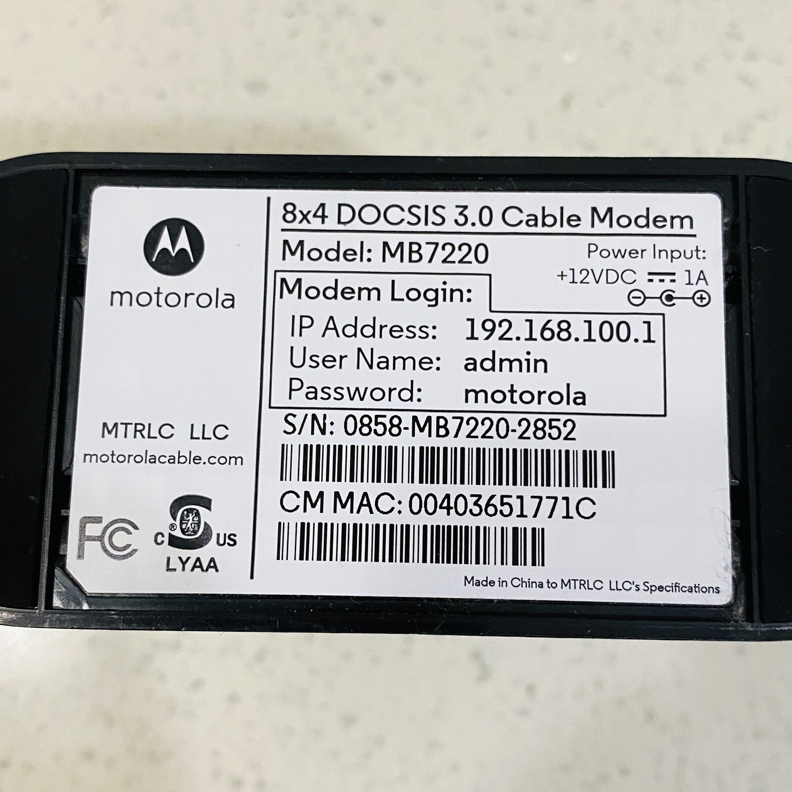 Motorola MB7220 Black DOCSIS 3.0 Cable Modem with Power Adapter Tested Works