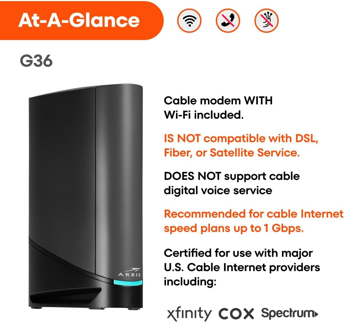 ARRIS G36-Cable Modem Router Combo -Fast DOCSIS 3.1 Multi-Gigabit WiFi 6 (AX3000