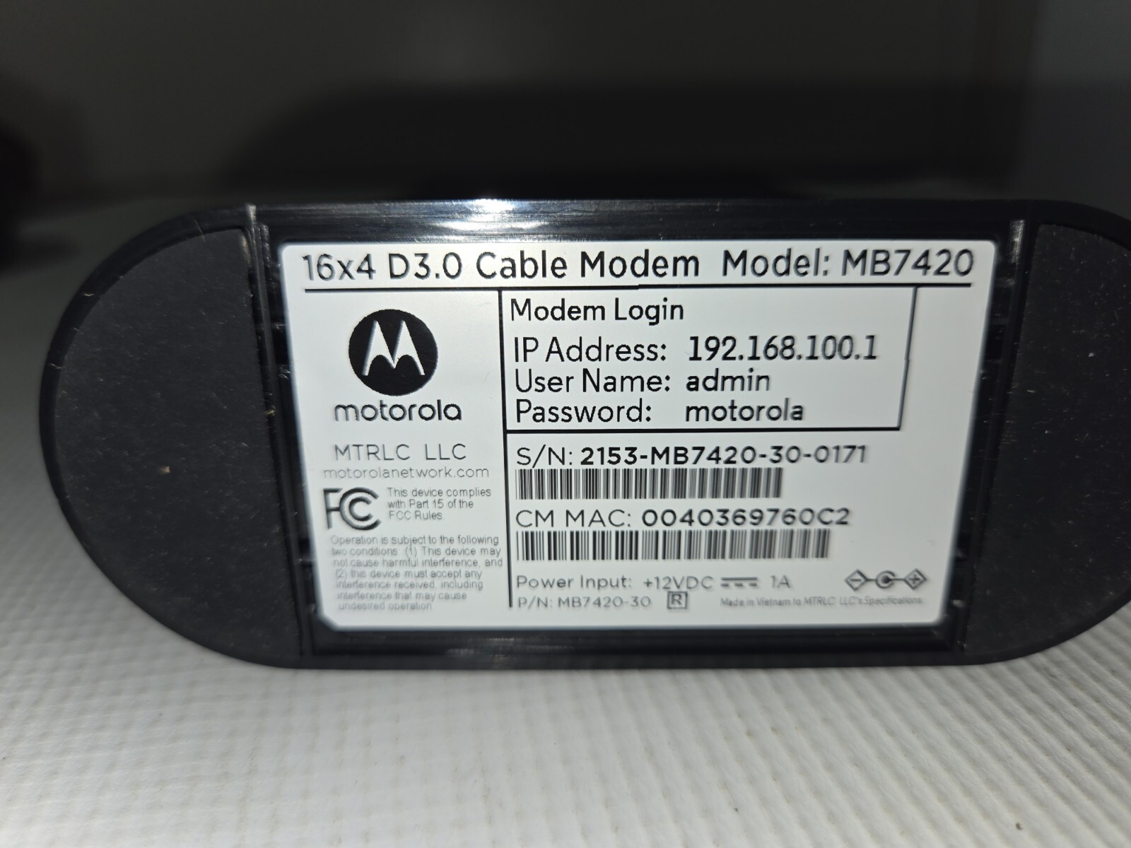 Motorola MB742010 686mbps DOCSIS 3.0 Cable Modem Refurbished