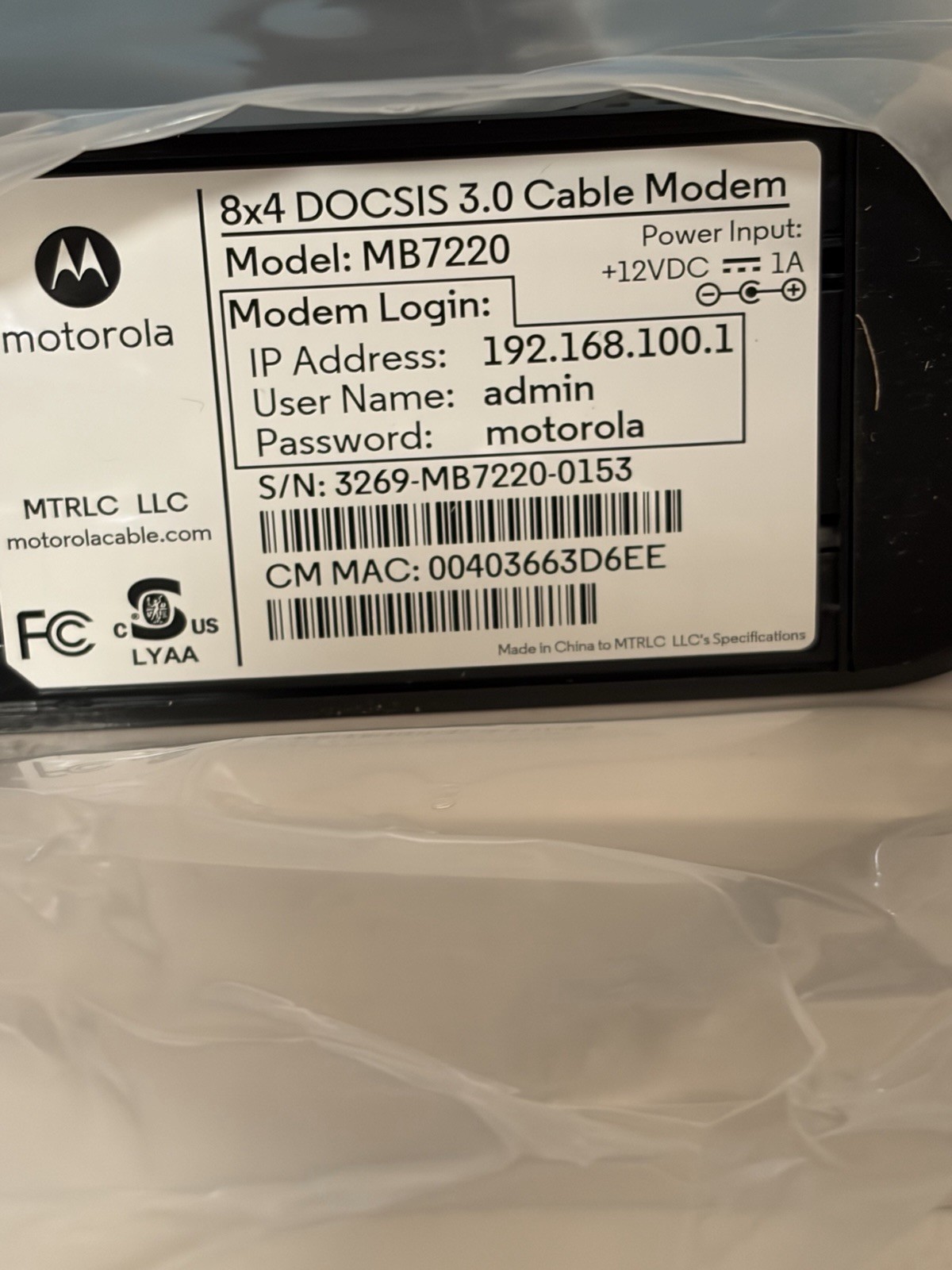 NEW SEALED Motorola MB7220-10 8×4 343Mbps DOCSIS 3.0 Cable Modem