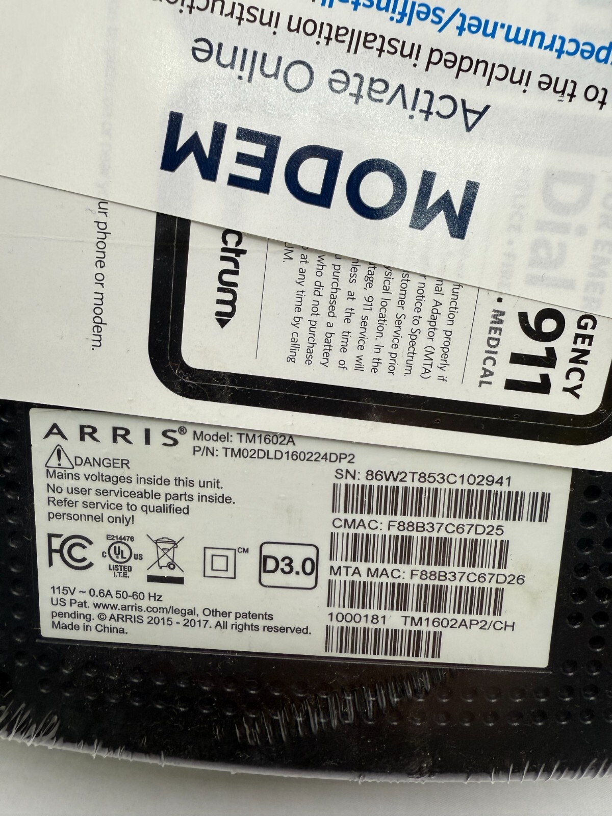 Arris TM1602A Docsis 3.0 Telephony Cable Modem for Optimum Spectrum OTHER
