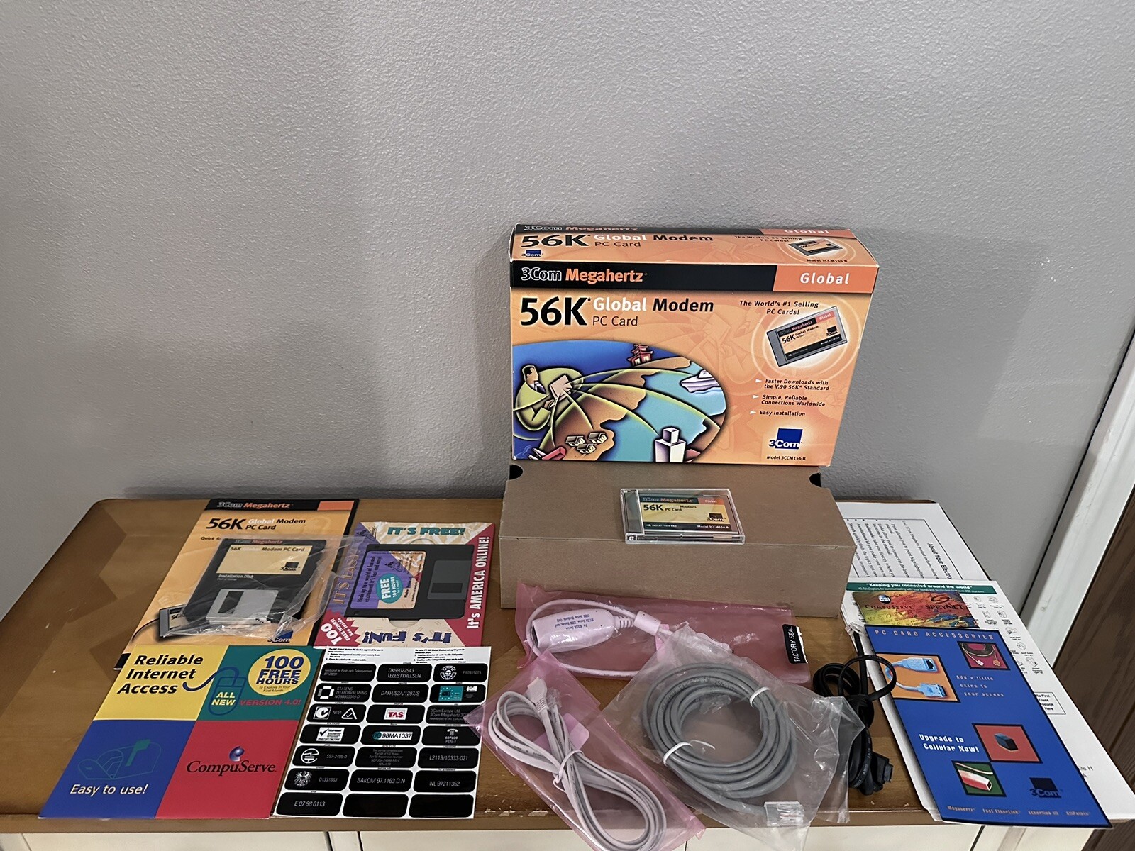 3Com 56K Global Modem Card W/ Box Cords, CD’s, Disk And Pamplets.