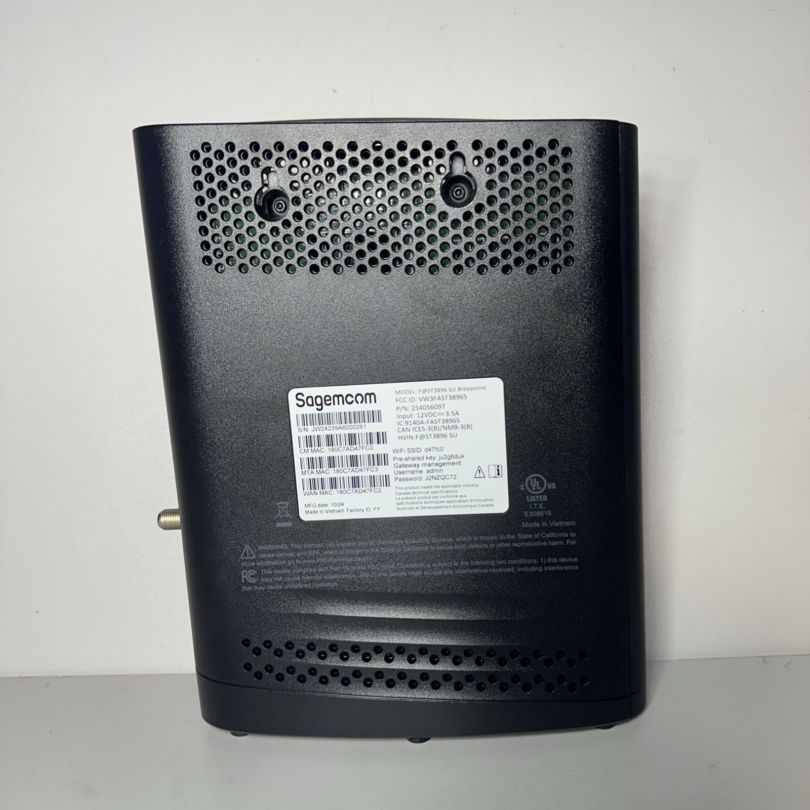 Sagemcom Modem F@st 3896 SU Breezeline Without Cable