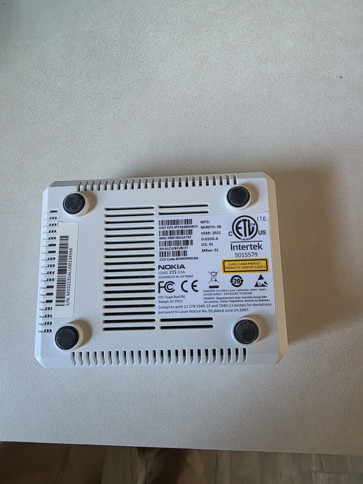 Nokia Intertek Fiber Optic MODEM G-010G-A used with Metronet