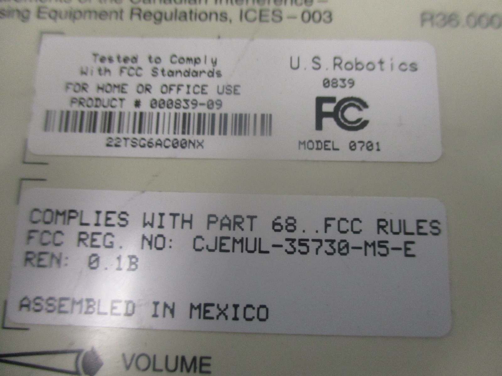 U.S.Robotics Sportster 33.6 Faxmodem with Adapter. Product Number: 000839-09