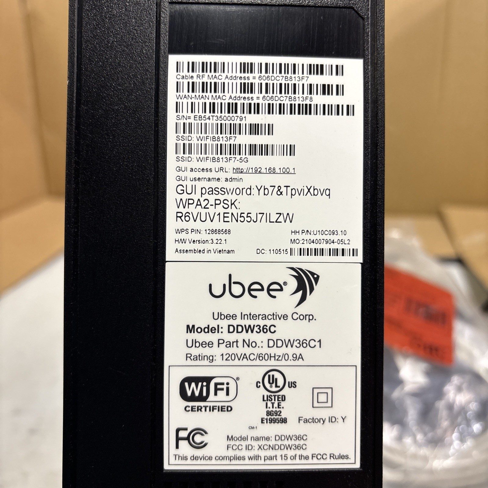 UBEE DDW36C Cable Modem Router DOCSIS 3.0 Dual Band N600 4 Gigabit Ports