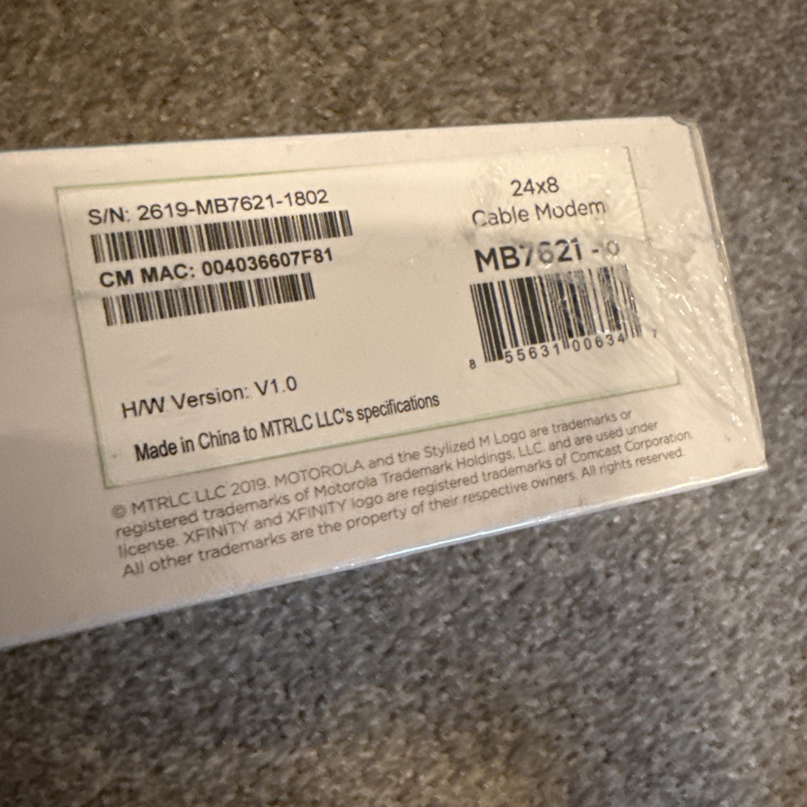 Motorola MB7621 1802 V1.0 Modem 1000 MBPS 24×8 Cable ~ Brand New Still Sealed