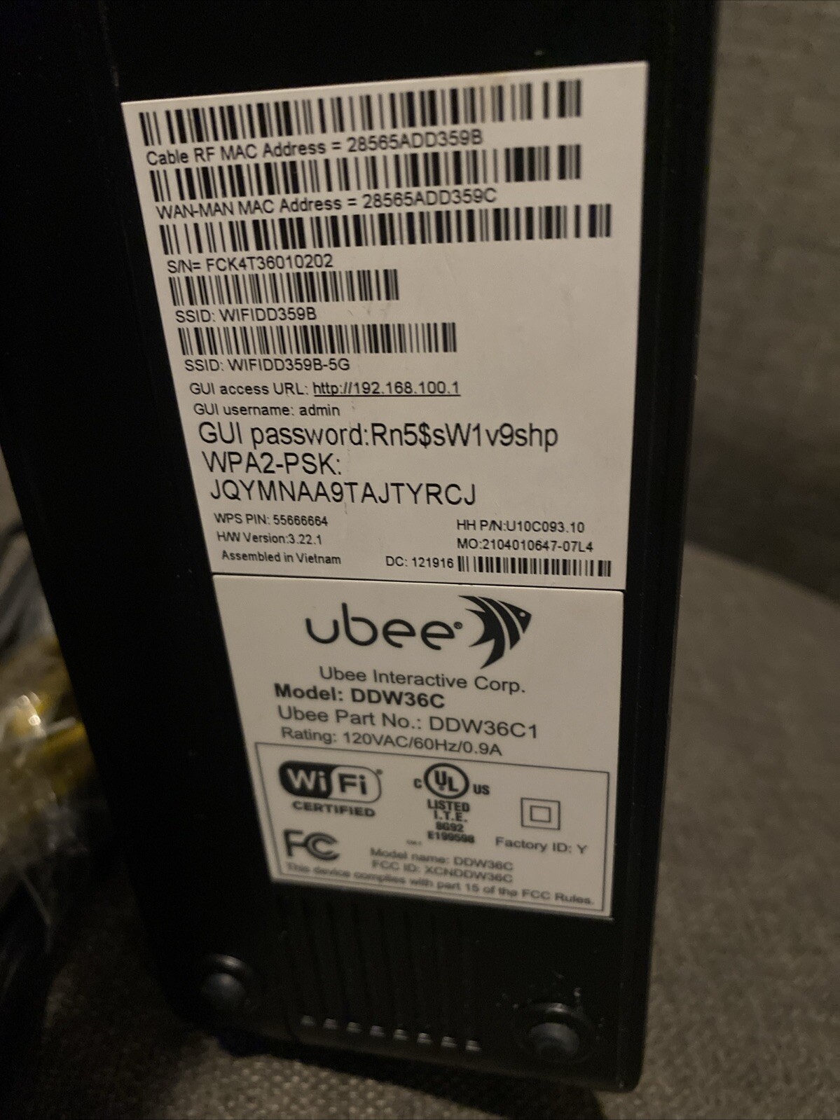 Ubee DDW36C Wireless Cable Modem Router Gateway With Power Cord