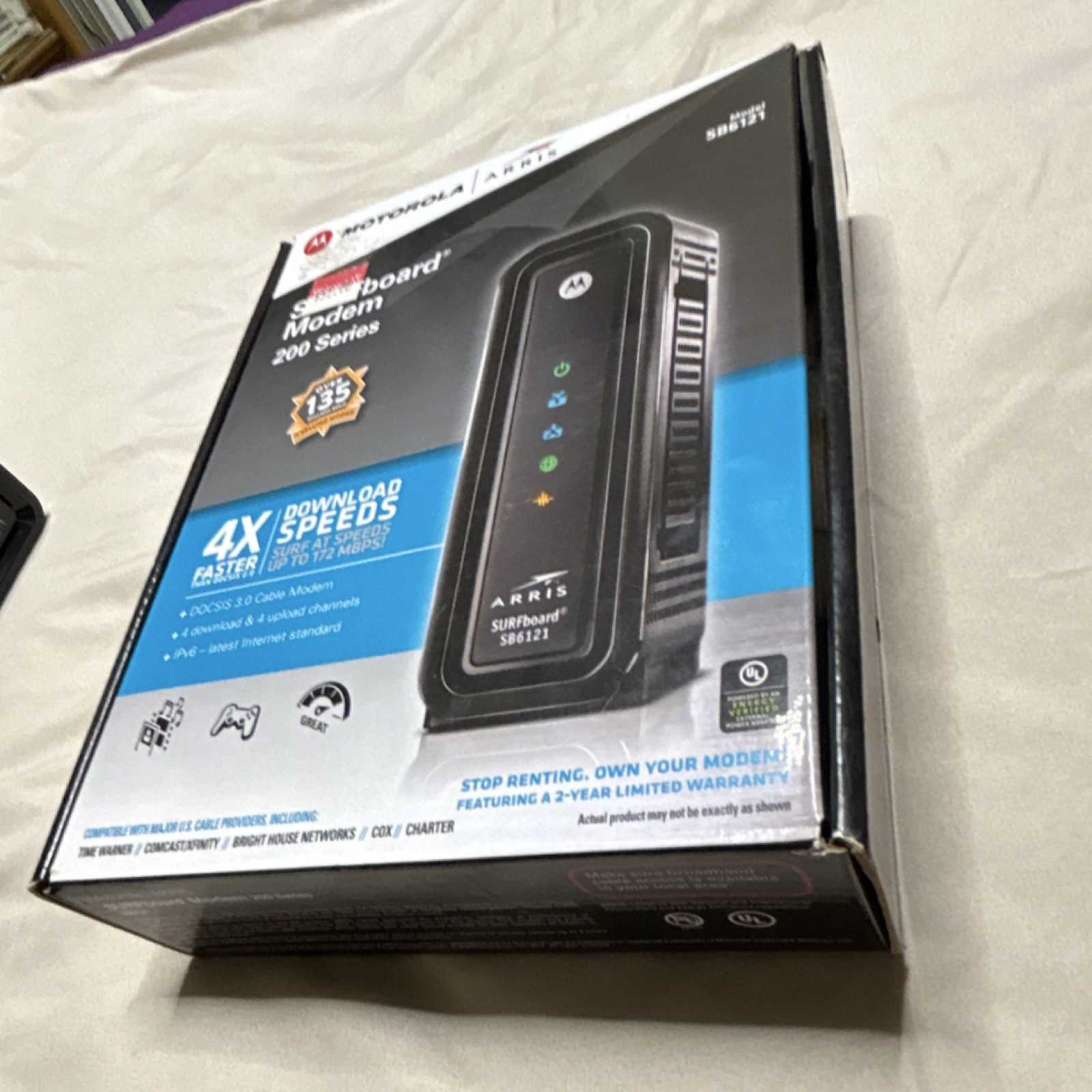 ARRIS Surfboard SB6121 DOCSIS 3.0 Cable Modem 172 Mbps Black w/ Adapter