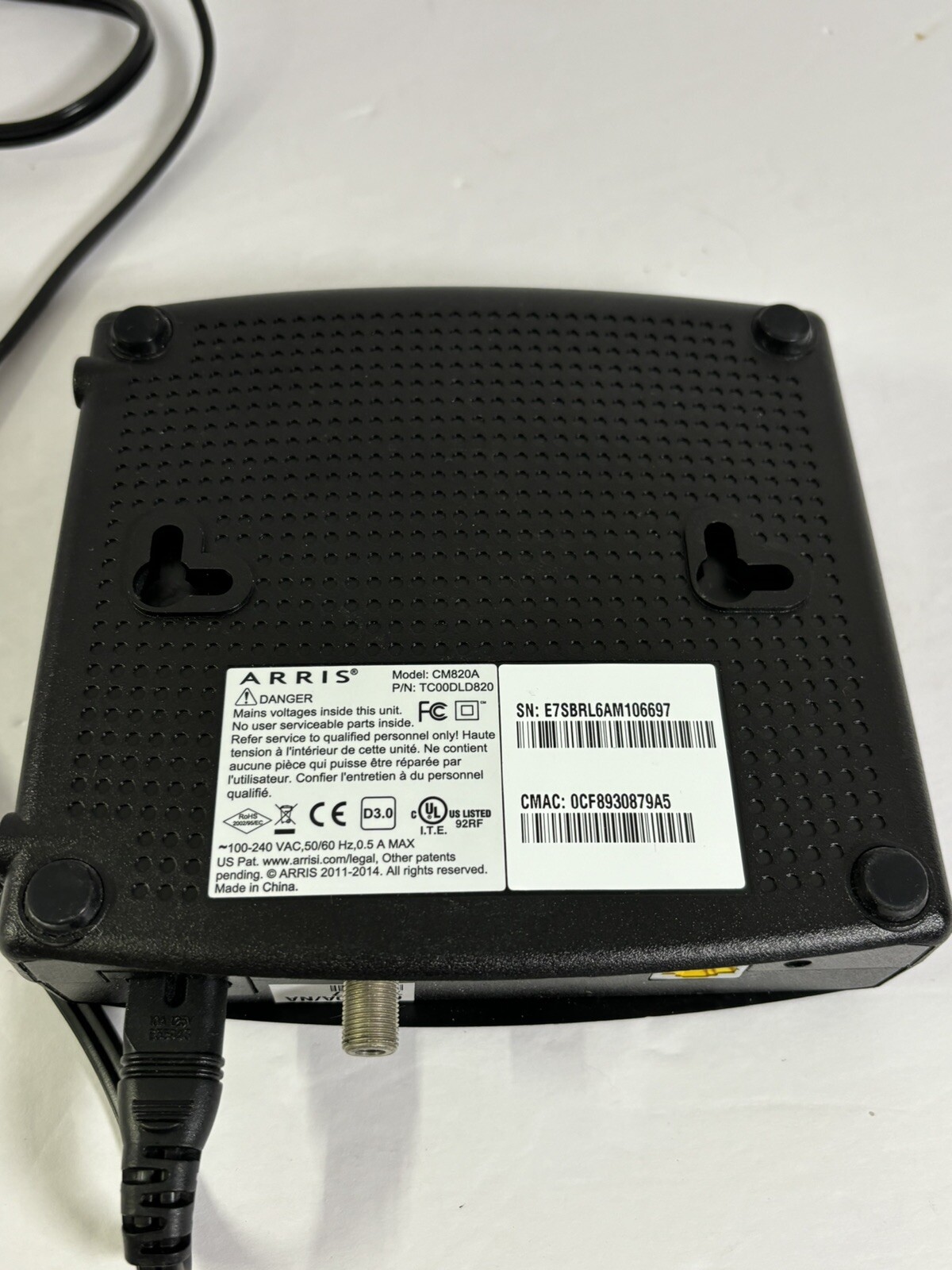 ARRIS CM820A Cable Internet Modem with Power Cord