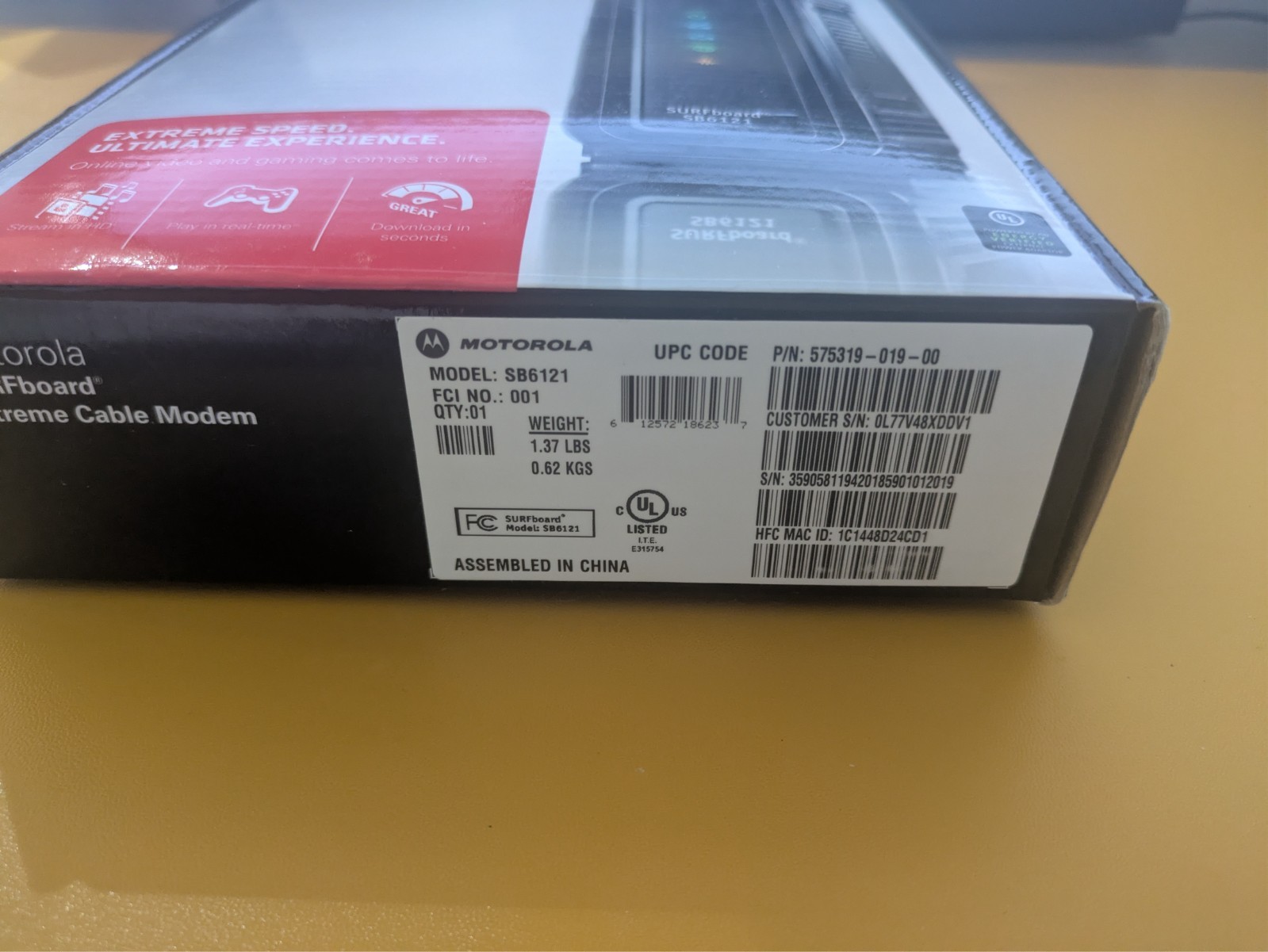 Motorola Arris SURFboard SB6121 DOCSIS 3.0 Cable Modem – Black W/AC Adapter