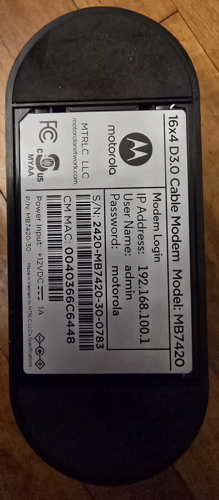 Motorola MB7420 16×4 D3.0 Cable Modem W/Power Supply No Nox