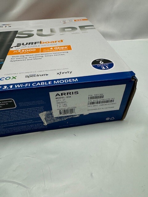 Arris SURFboard G34 WiFi-6 Cable Modem Dual-Band AX3000 *New-Box Damage